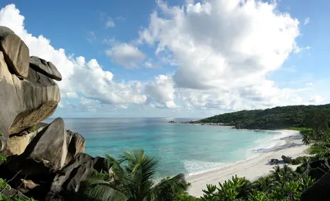 Granitblock och palmer ovanför den vita sandstranden och turkosa havet vid Grand Anse på La Digue