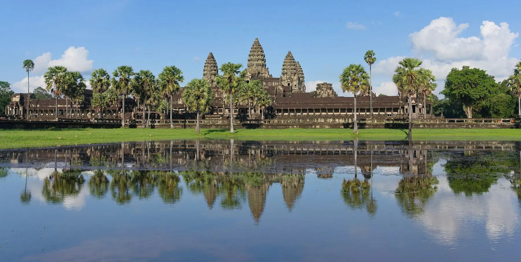 Angkor Wats tempeltorn och palmer som speglar sig i en stilla damm under blå himmel