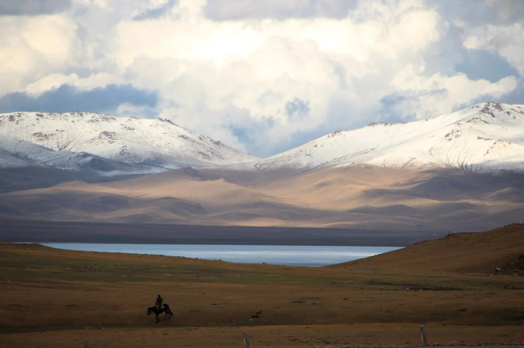 En ryttare på gyllene betesmark ovanför sjön Song-Kul med snöklädda berg under drivande moln i Kirgizistan