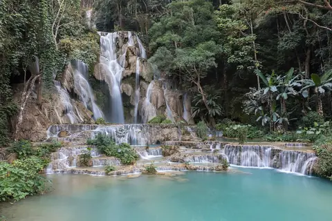 Vattenfallet Kuang Si forsar genom djungeln ner i turkosa terrassformade bassänger i Laos