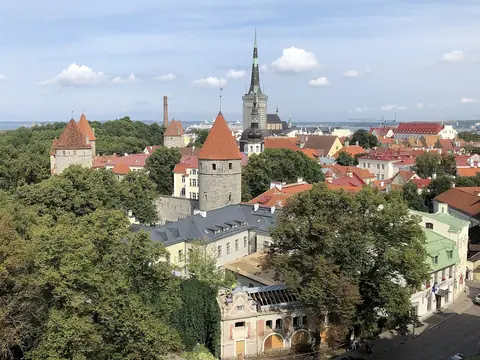 Tallinns gamla stad med röda tak, runda försvarstorn och Olaikyrkans spira