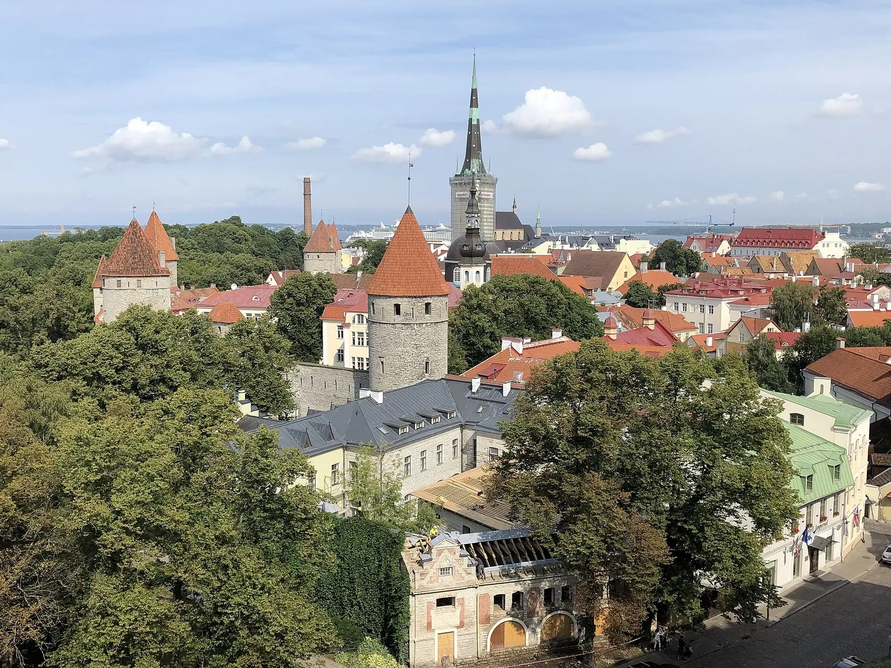 Tallinns gamla stad med röda tak, runda försvarstorn och Olaikyrkans spira