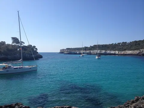 Segelbåtar i turkost vatten mellan tallklädda klippor vid Cala Mondragó på Mallorca