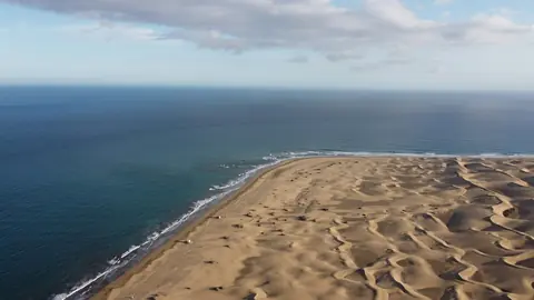 Sanddyner vid en lång strand mot det blå havet, sett från ovan