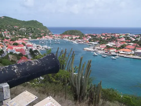 Utsikt över hamnen i Gustavia med röda tak, båtar och kaktusar i förgrunden