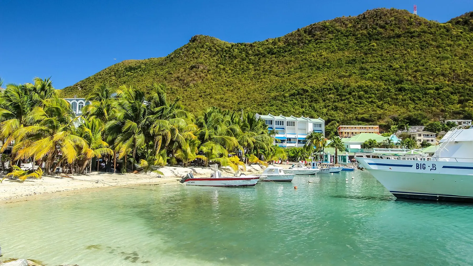Palmer och båtar vid stranden Great Bay i Philipsburg med gröna berg bakom