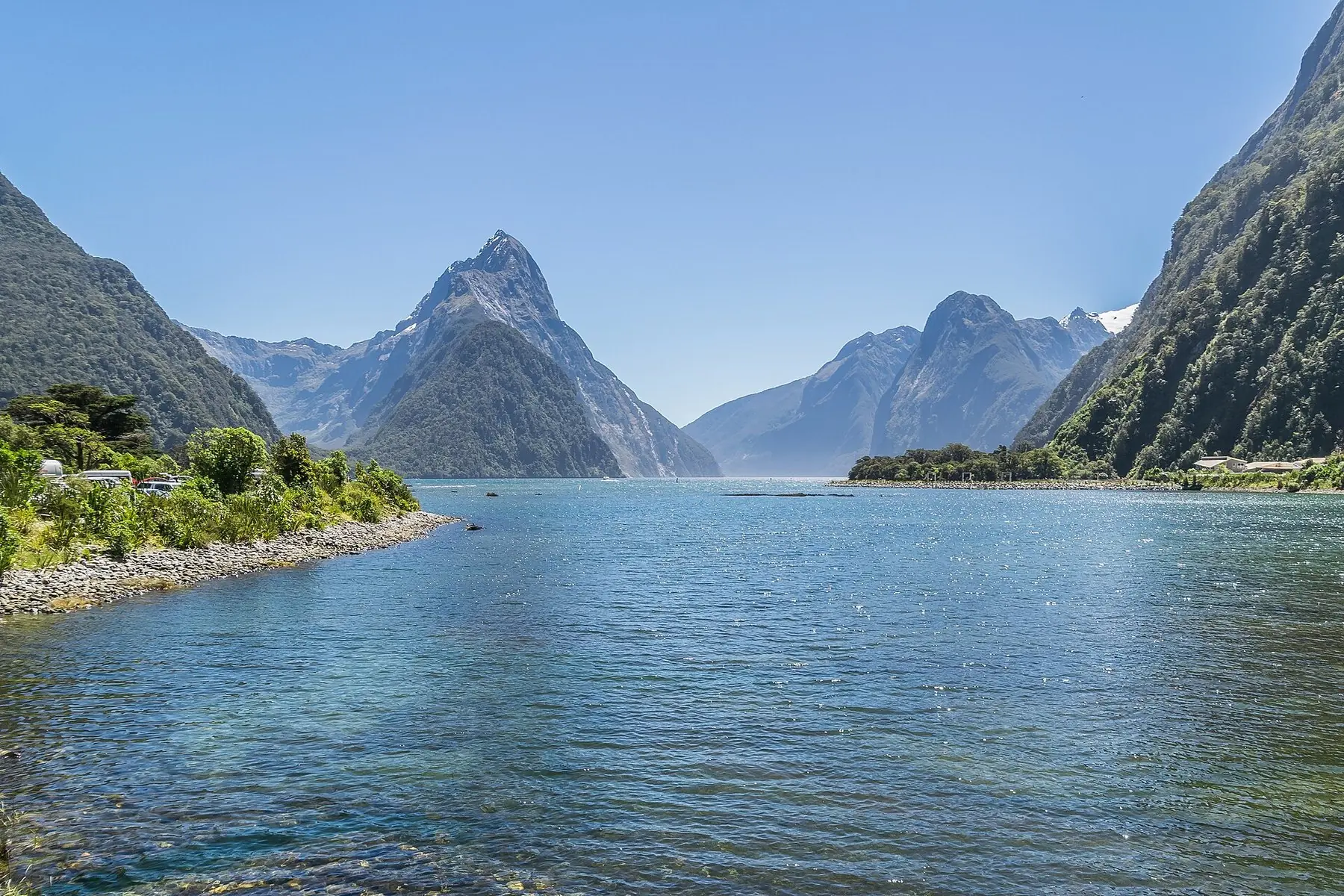 Fjorden Milford Sound med den spetsiga Mitre Peak och branta gröna fjällsidor under klarblå himmel