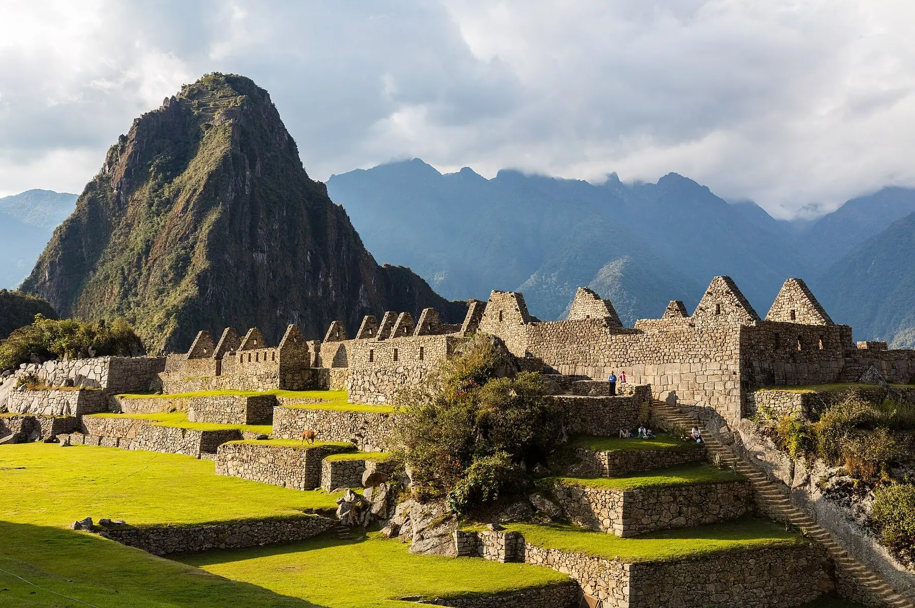 Inkastaden Machu Picchu med gröna terrasser och berget Huayna Picchu i bakgrunden